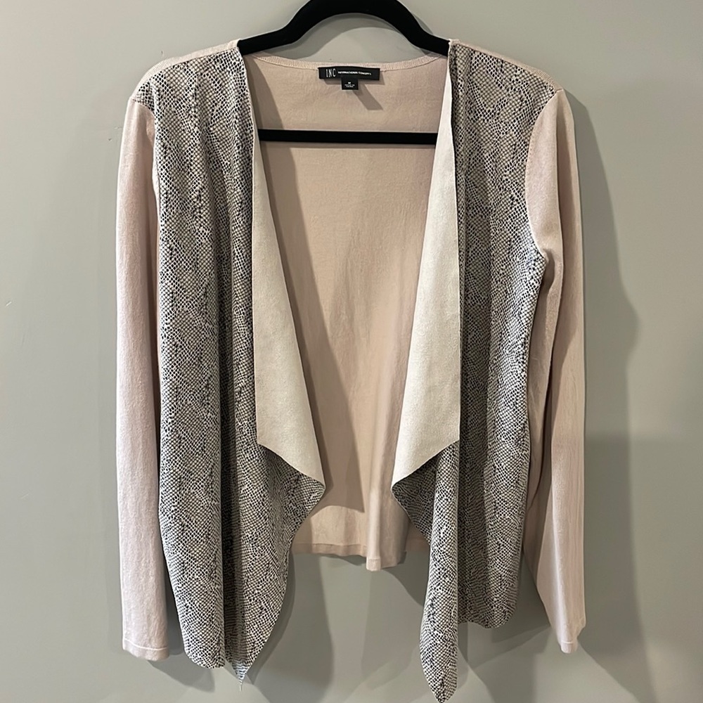 INC International Concepts Waterfall Cardigan with Faux Suede Snakeskin Design